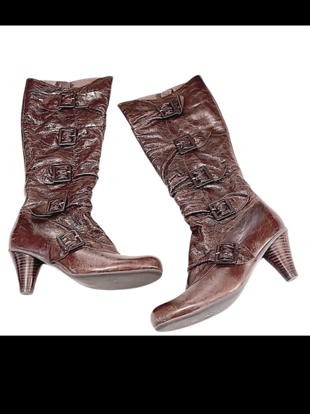 Miz Mooz Vintage Woman’s Knee High Brown Leather Buckle Heeled Boots Amber Sz 8
